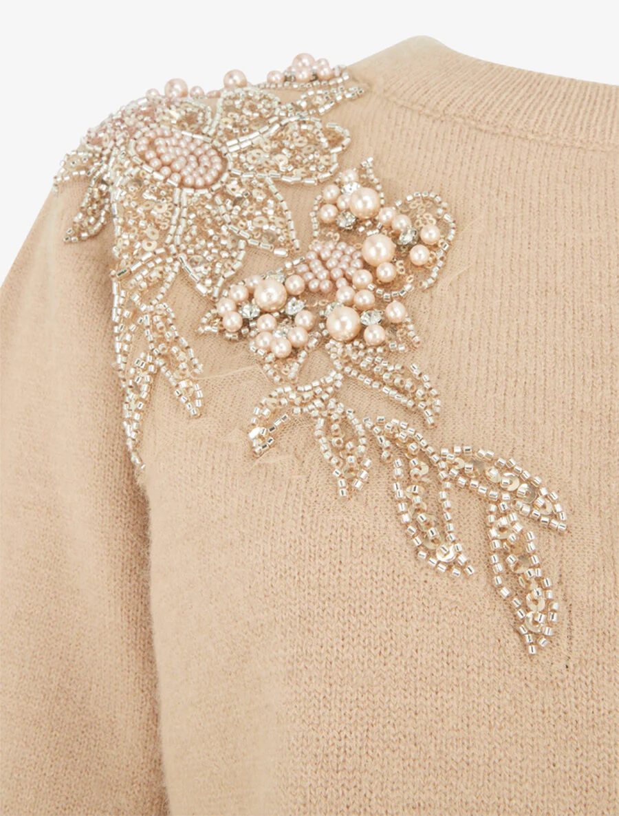 Pull uni orné de perles et strass - Taupe - Image 3