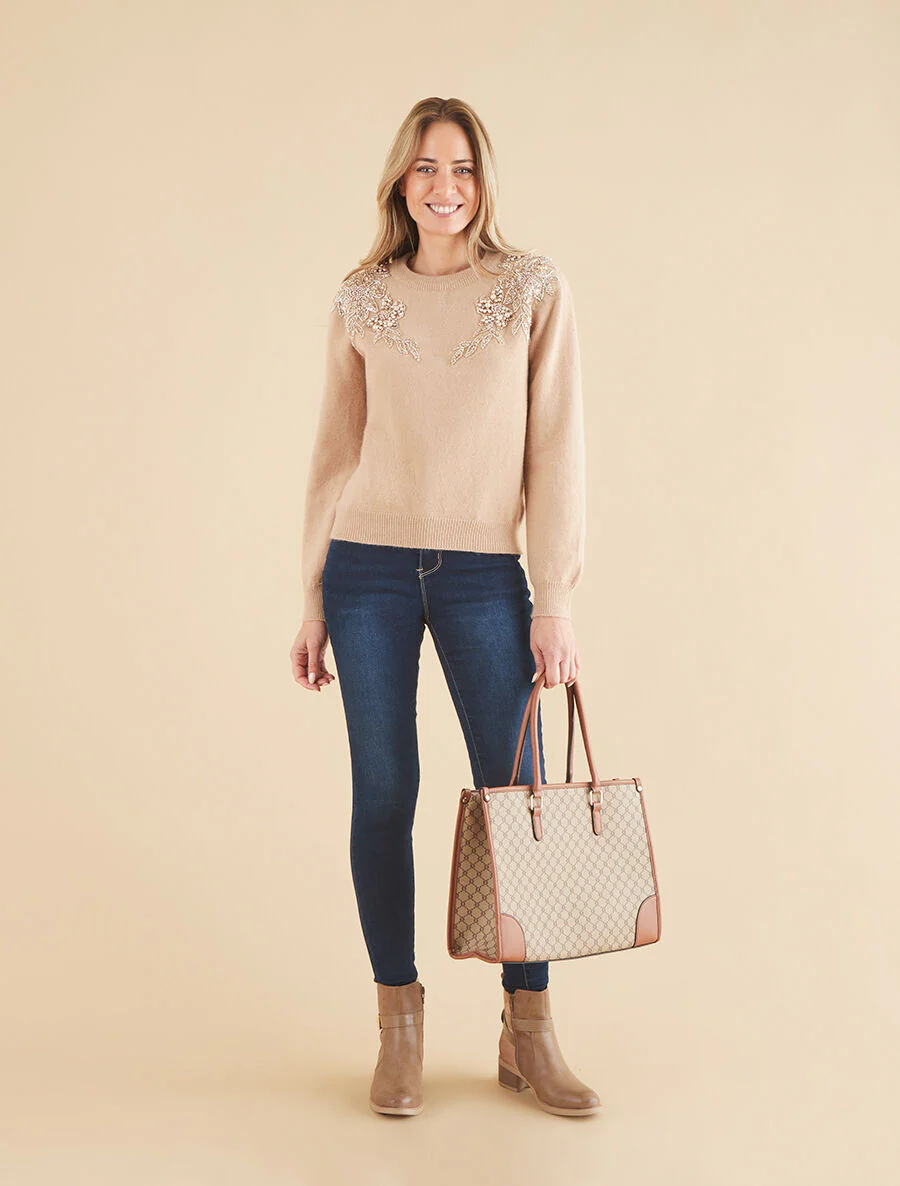Pull uni orné de perles et strass - Taupe - Image 4