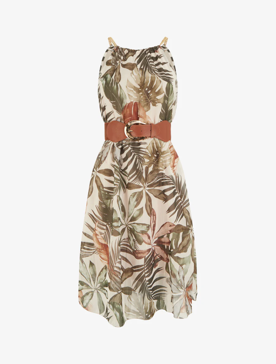 Robe à bretelles chaînes imprimé tropical - Kaki foncé
