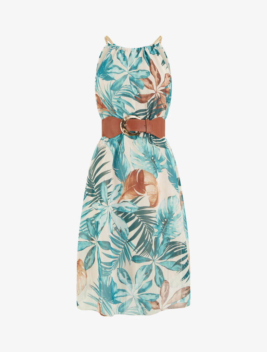 Robe à bretelles chaînes imprimé tropical - Turquoise