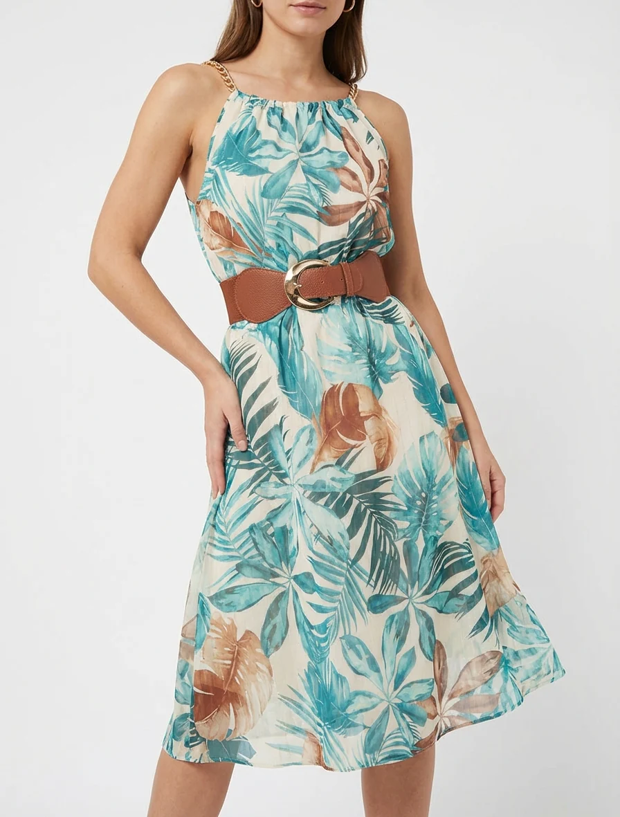 Robe à bretelles chaînes imprimé tropical - Turquoise - Image 4