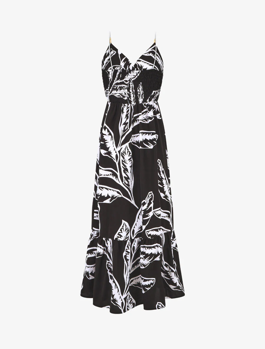 Robe à bretelles style cordes imprimé grandes feuilles - Noir - Image 2