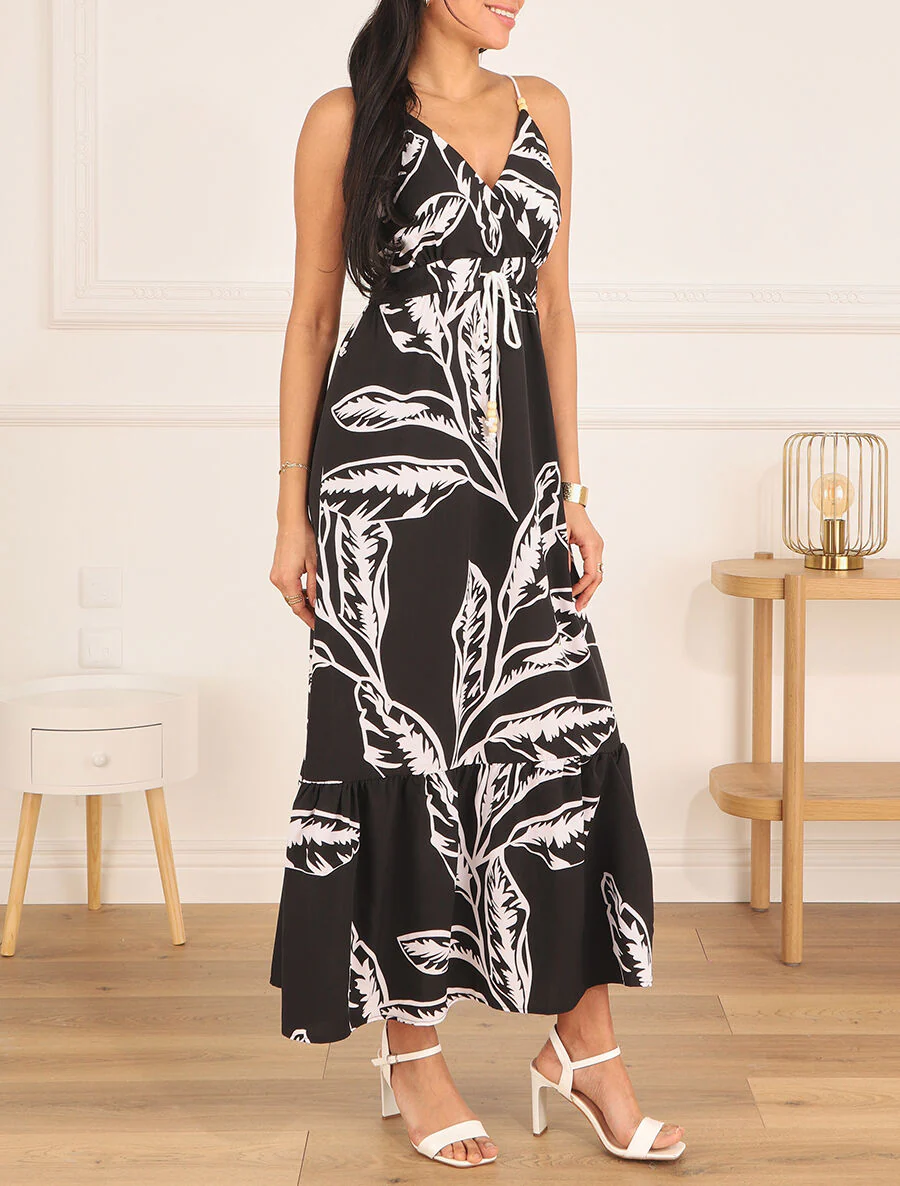 Robe à bretelles style cordes imprimé grandes feuilles - Noir - Image 4