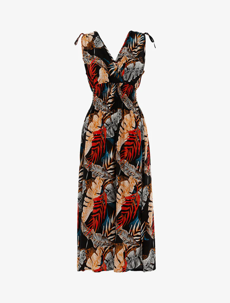Robe à buste cache-coeur et imprimé tropical - noir
