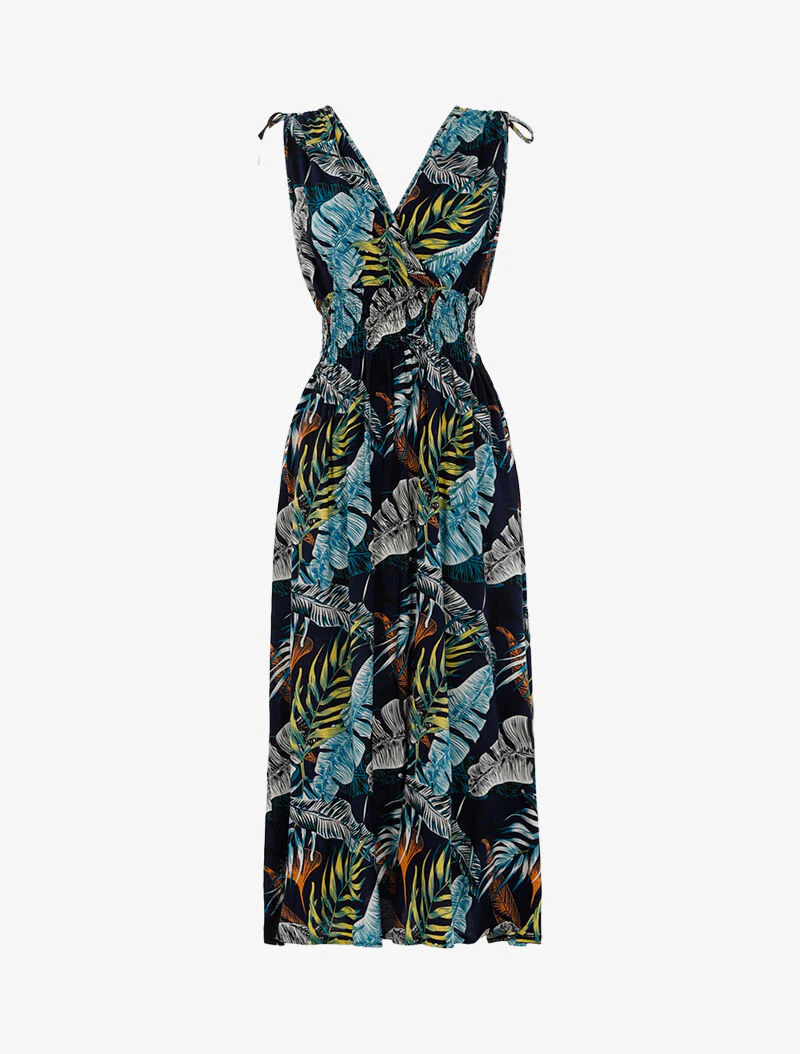 Robe à buste cache-coeur et imprimé tropical - marine