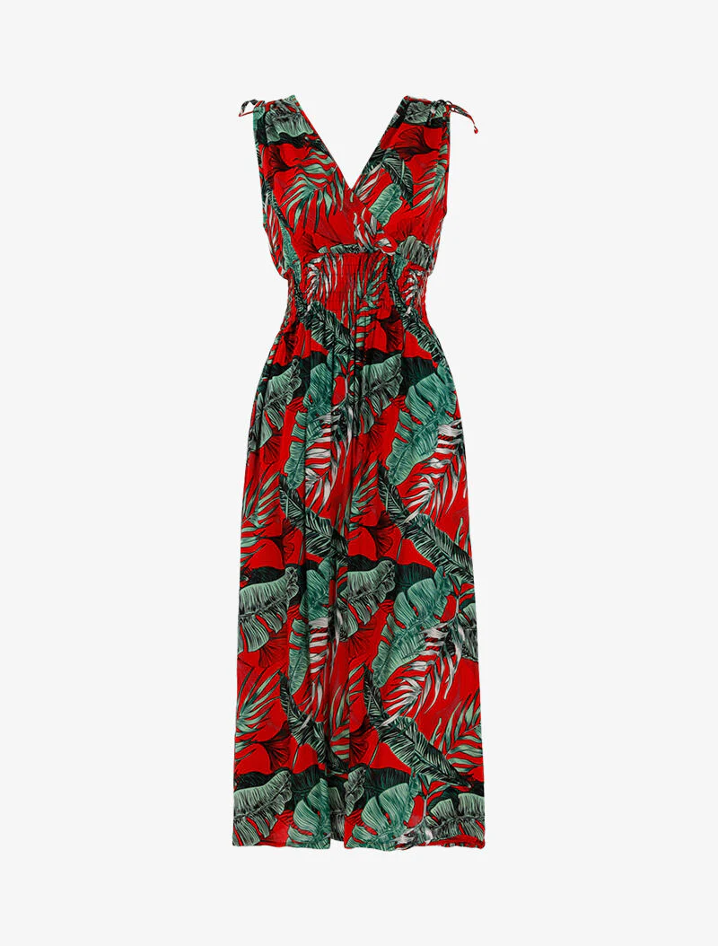 Robe à buste cache-coeur et imprimé tropical - rouge
