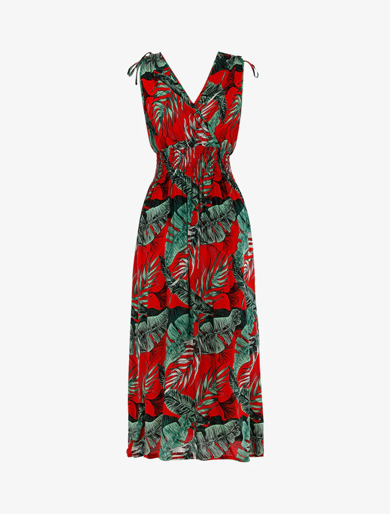 Robe à buste cache-coeur et imprimé tropical - rouge - Image 2