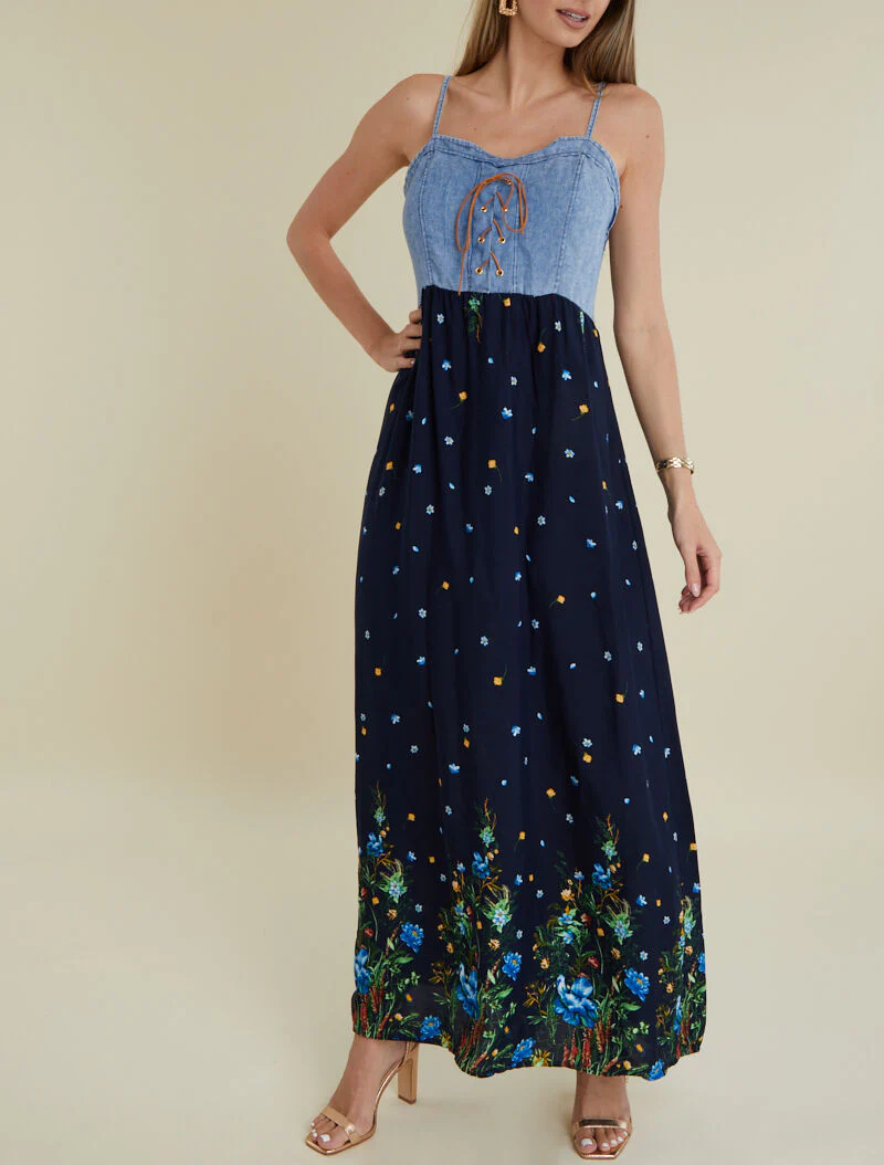 Robe à buste effet jean et imprimés - noir