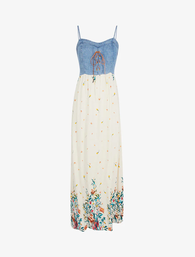 Robe à buste effet jean et imprimés - beige