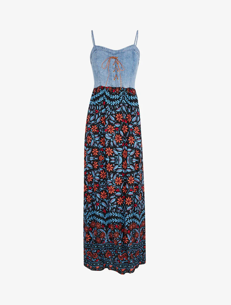 Robe à buste effet jean et imprimés - noir
