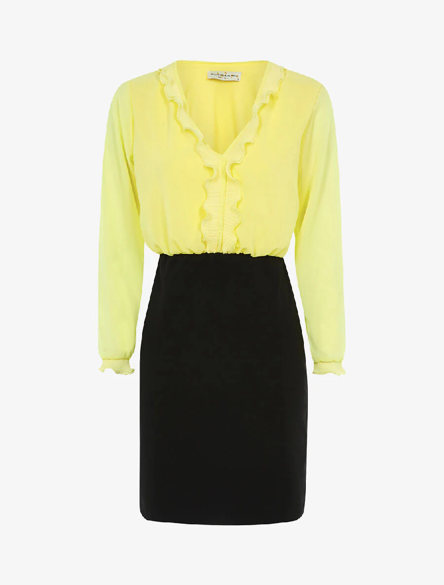 Robe à buste volanté - jaune fluo/noir