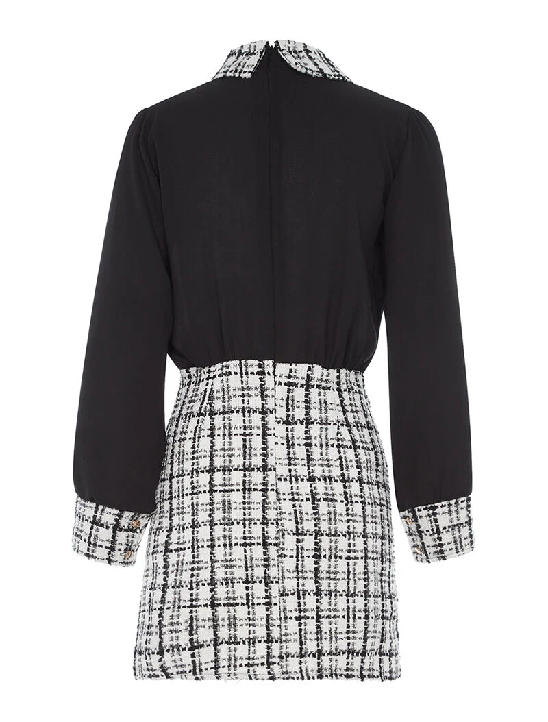 Robe à carreaux col Claudine - blanc et noir - Image 2