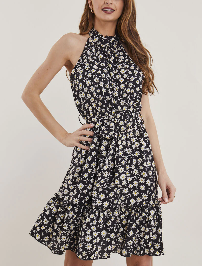 Robe à col américain imprimé marguerites - noir