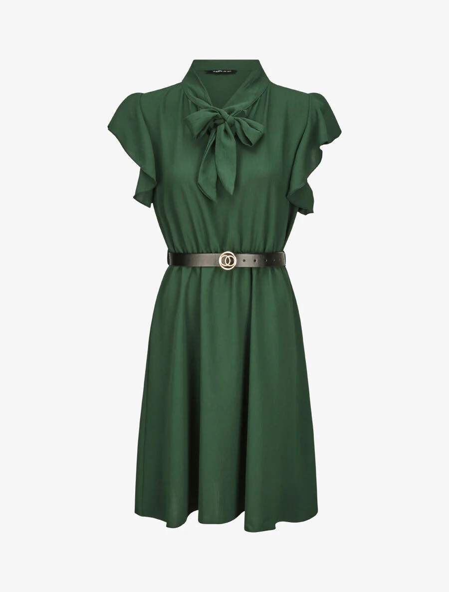 Robe à col lavallière et mancherons volantés - Vert émeraude