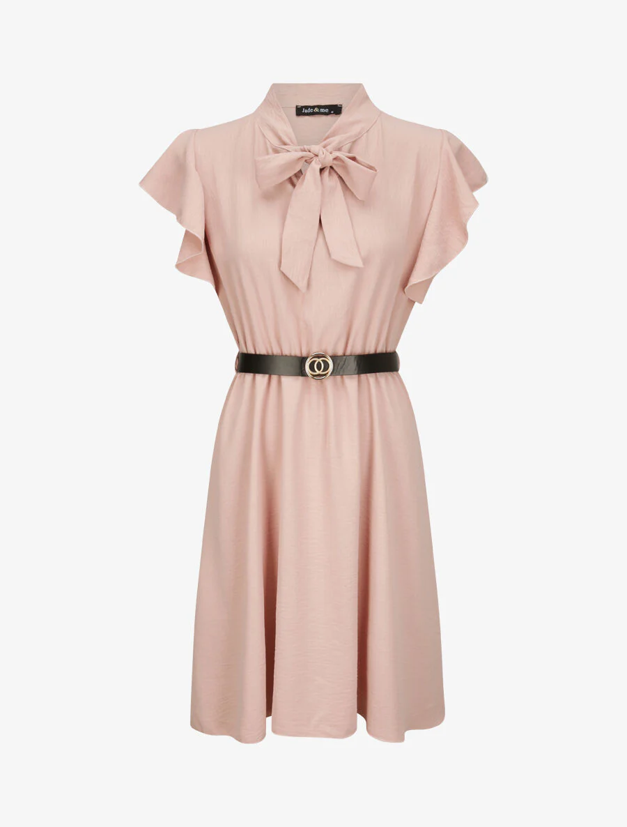 Robe à col lavallière et mancherons volantés - Rose poudré