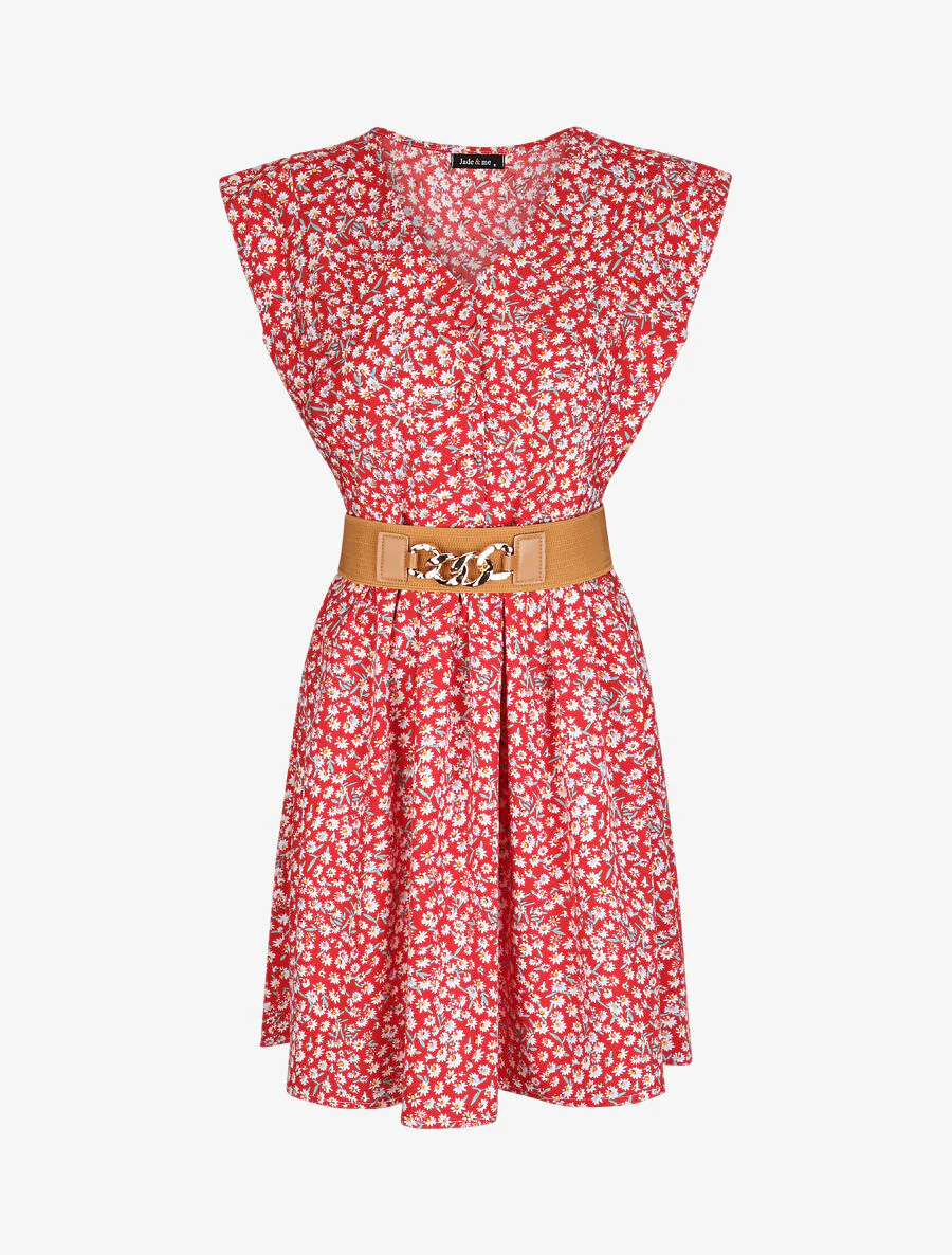 Robe à col V boutonné - Rouge