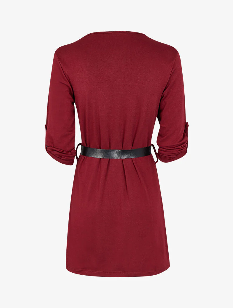 Robe à col V zippé et manches longues retroussables - Bordeaux - Image 2