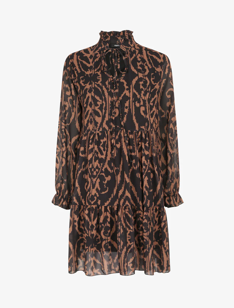 Robe à col volanté et imprimé baroque stylisé - Camel