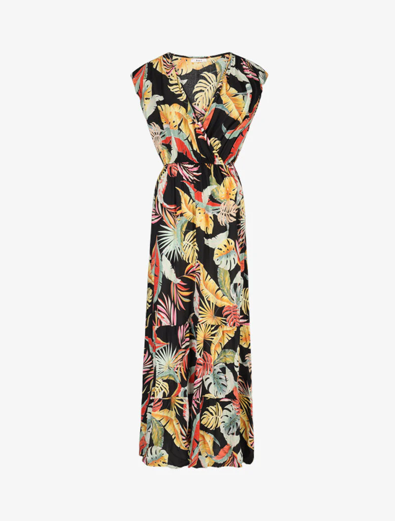 Robe à emmanchures volantées imprimé tropical - noir