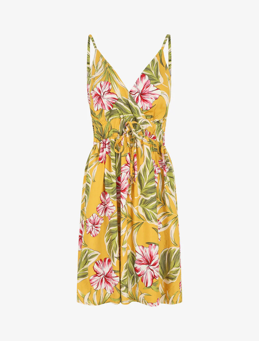 Robe à fines bretelles imprimé tropical - Jaune