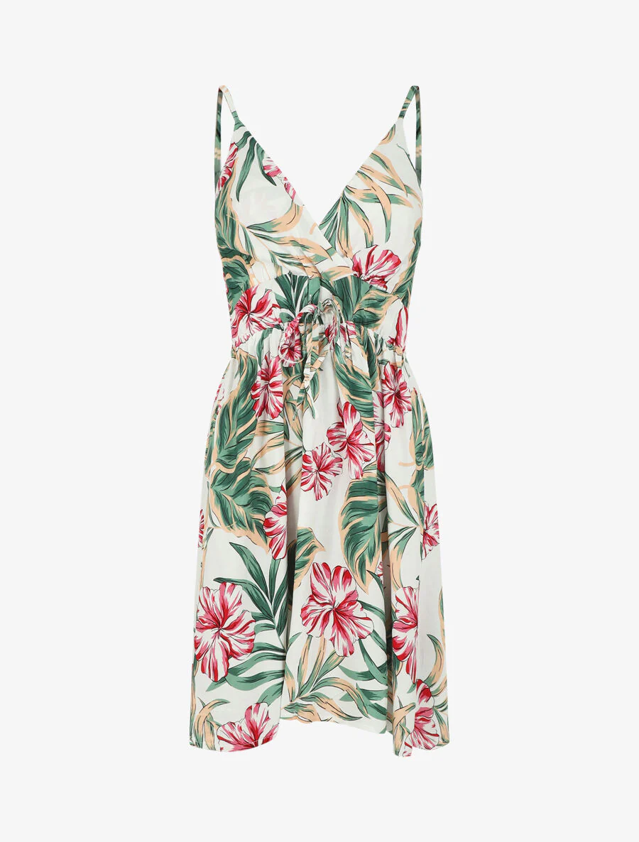 Robe à fines bretelles imprimé tropical - Blanc