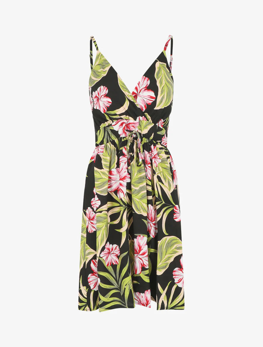 Robe à fines bretelles imprimé tropical - Noir
