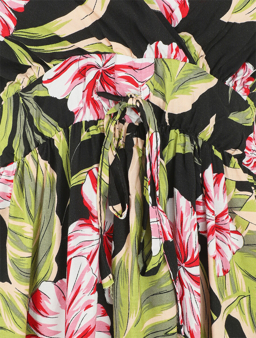 Robe à fines bretelles imprimé tropical - Noir - Image 3