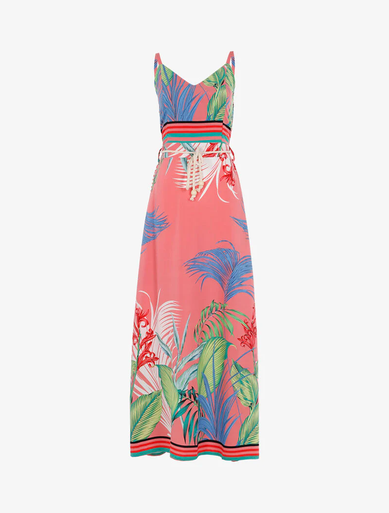 Robe à imprimé feuillages et détails rayés - rose