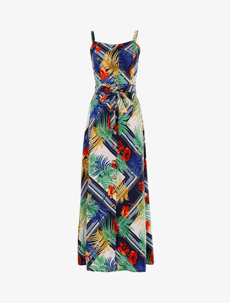 Robe à imprimé feuillages et fleurs - marine