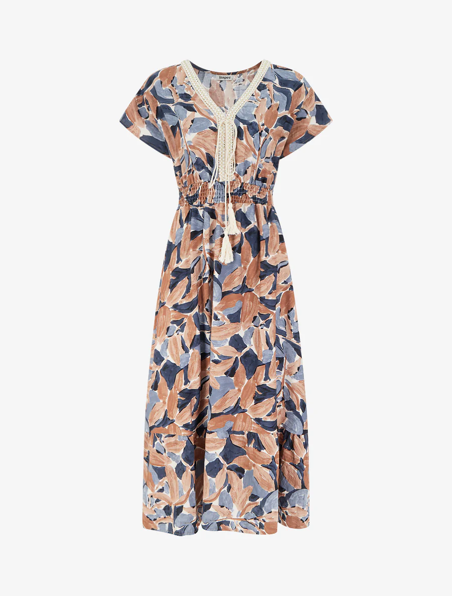 Robe à imprimé stylisé et col en crochet - Marine