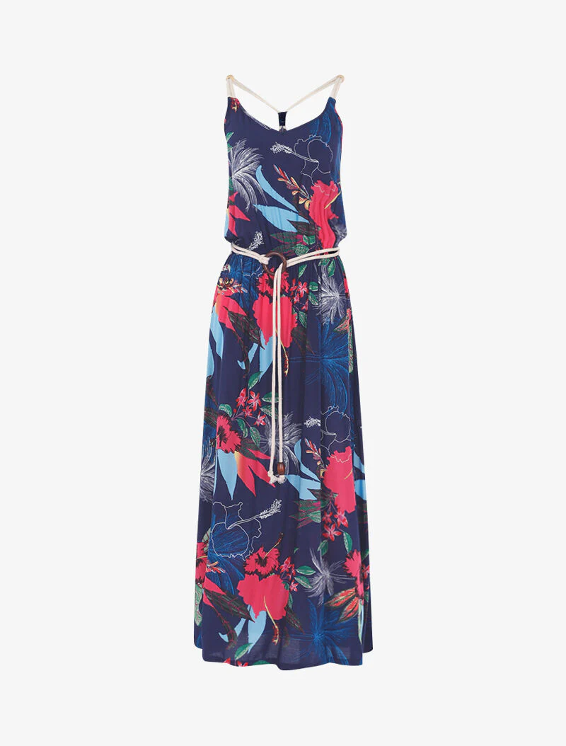 Robe à imprimé tropical et détails style cordes - marine
