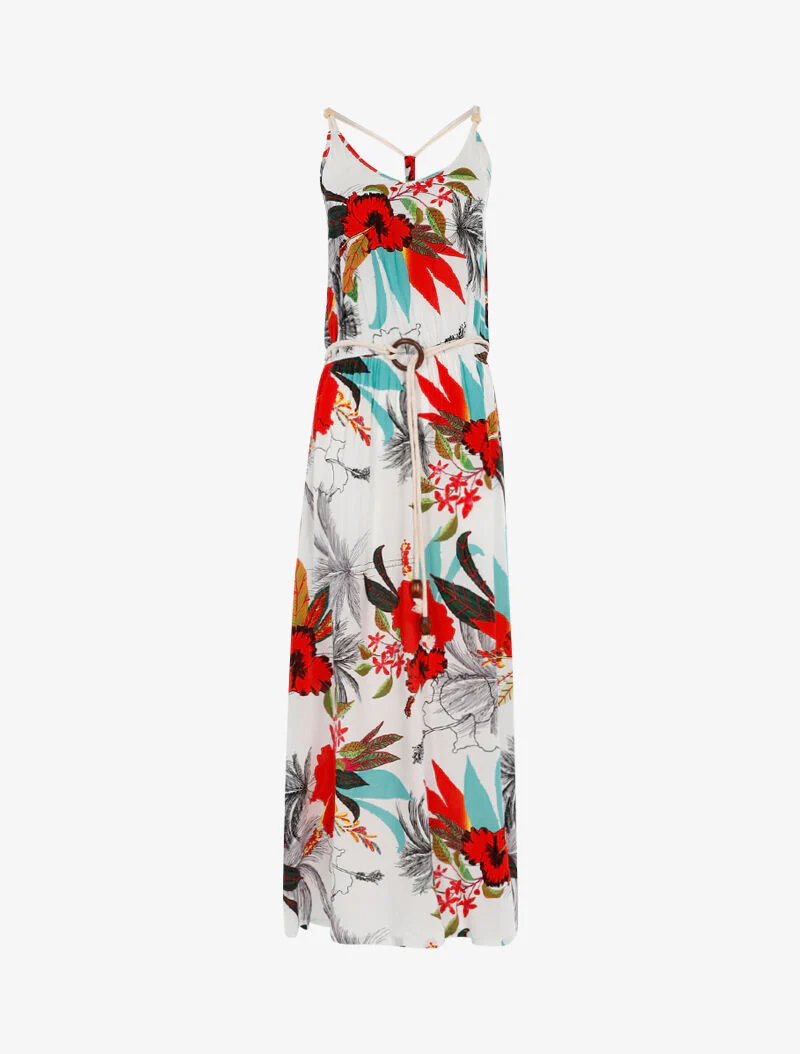 Robe à imprimé tropical et détails style cordes - blanc