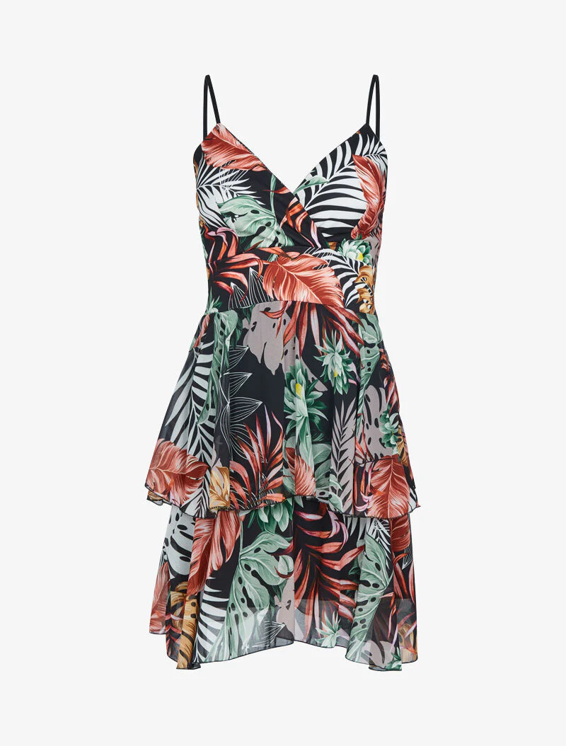 Robe à imprimé tropical et volants - Noir - Image 2
