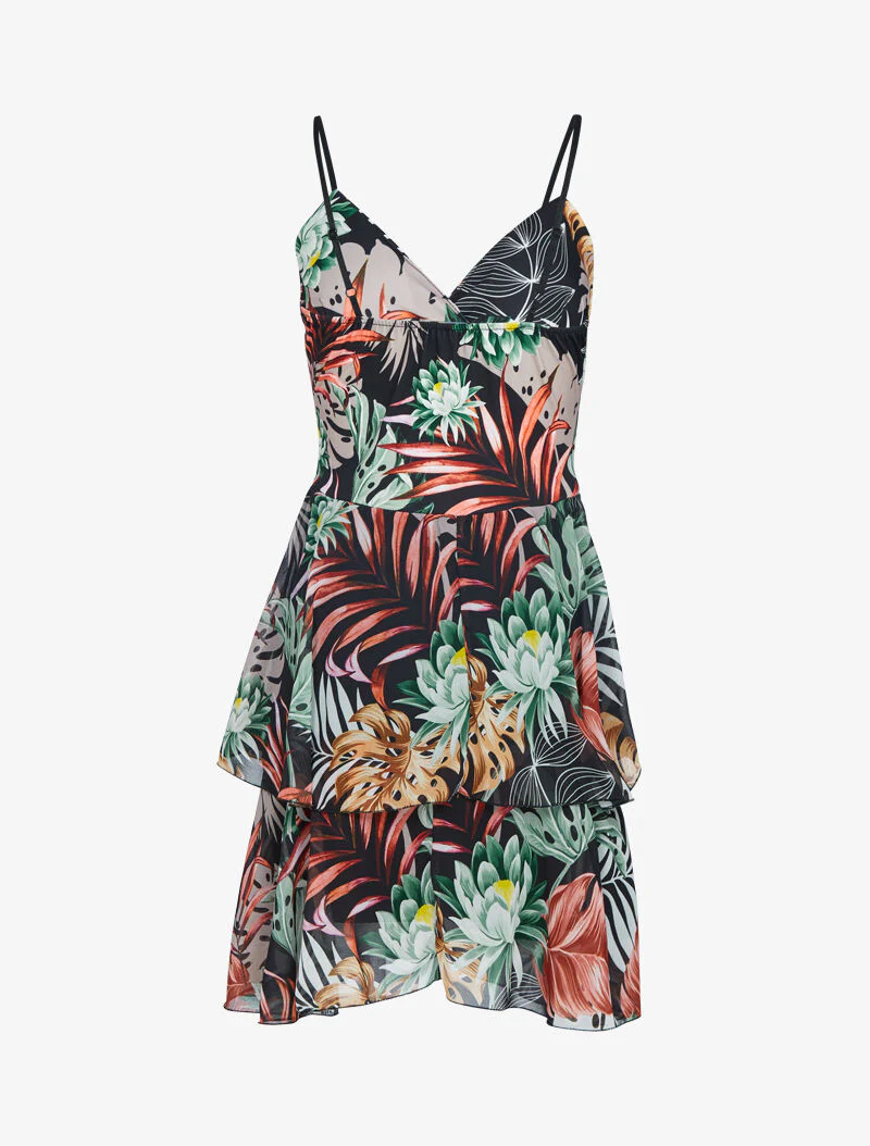 Robe à imprimé tropical et volants - Noir - Image 3