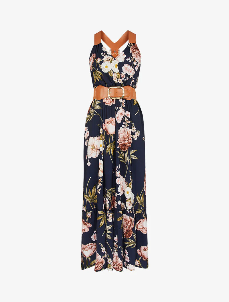 Robe à imprimés et bretelles simili - Marine