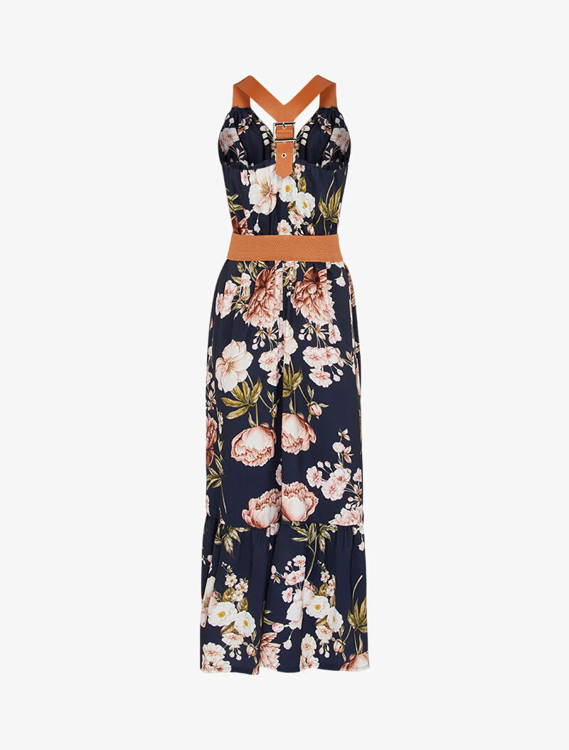 Robe à imprimés et bretelles simili - Marine - Image 2