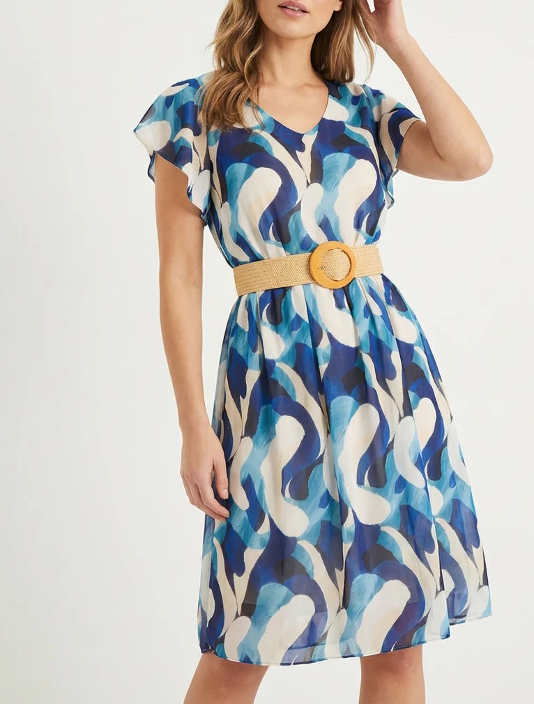 Robe à mancherons volantés imprimé fantaisie - Marine - Image 4