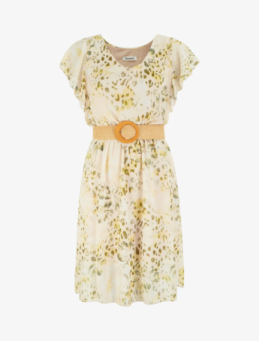 Robe à mancherons volantés imprimé léopard et fleurs - Kaki