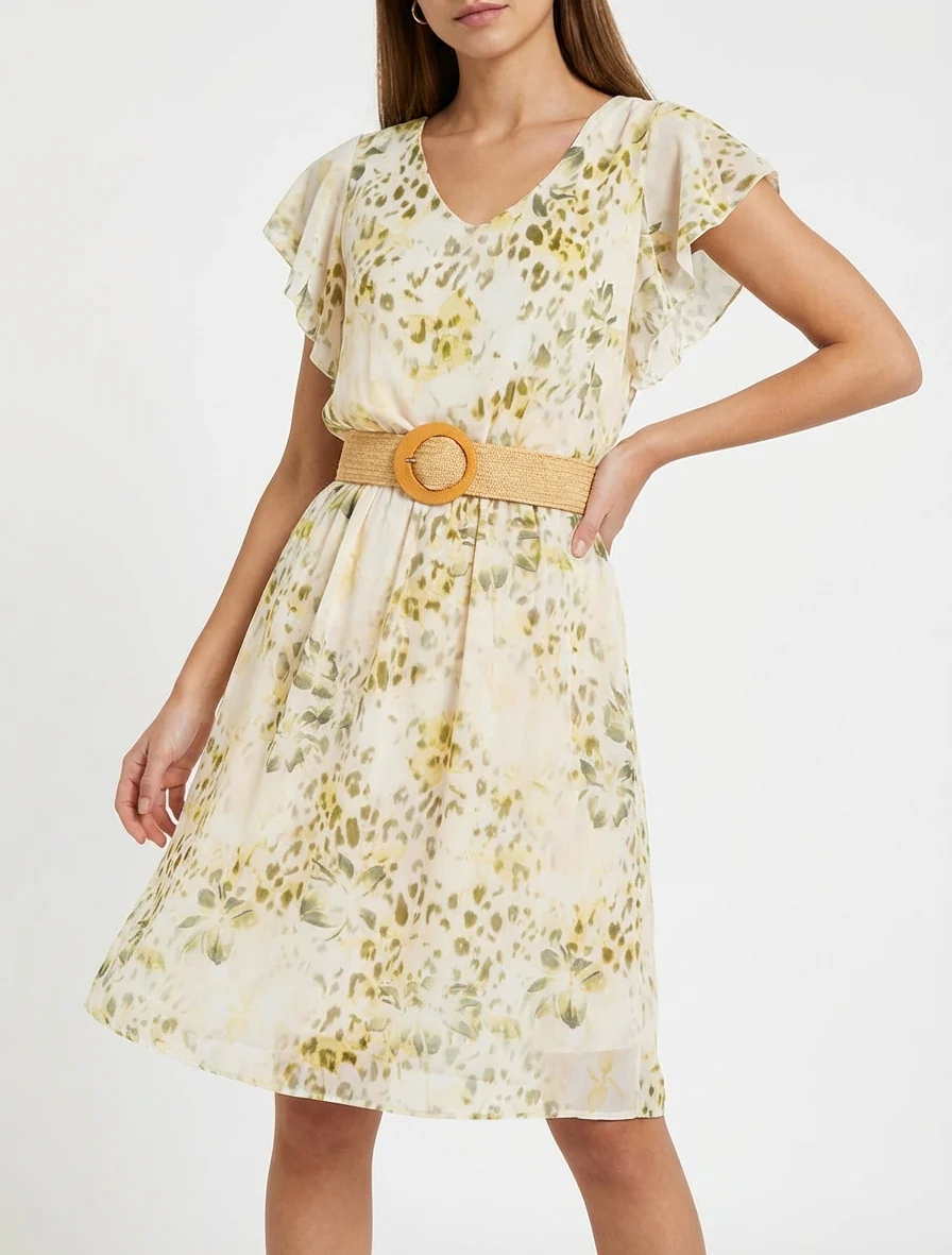Robe à mancherons volantés imprimé léopard et fleurs - Kaki - Image 4
