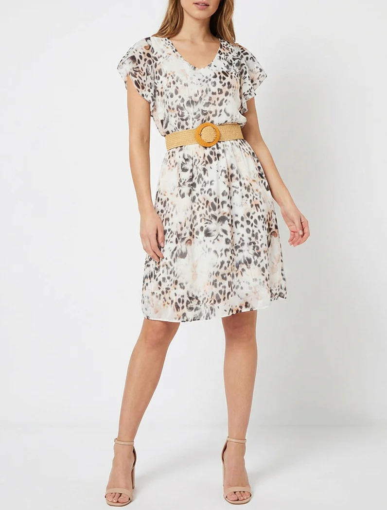 Robe à mancherons volantés imprimé léopard et fleurs - Noir - Image 4