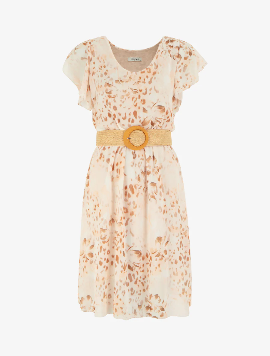 Robe à mancherons volantés imprimé léopard et fleurs - Camel