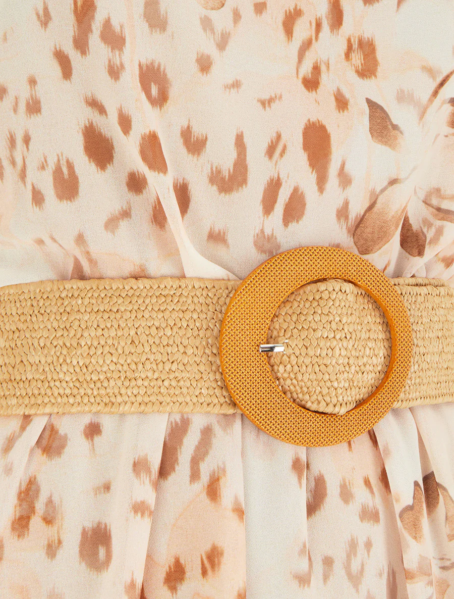 Robe à mancherons volantés imprimé léopard et fleurs - Camel - Image 3