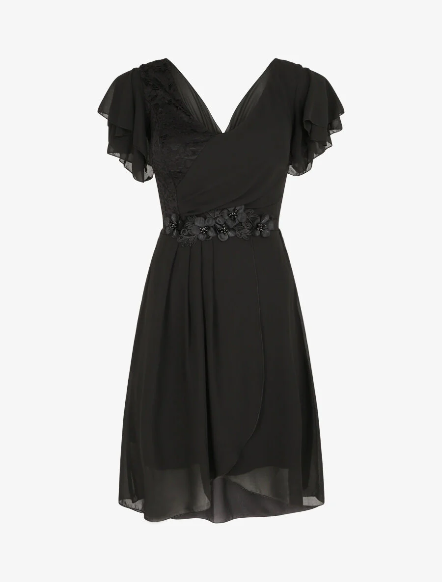Robe à manches volantées et détail fleurs et strass - Noir