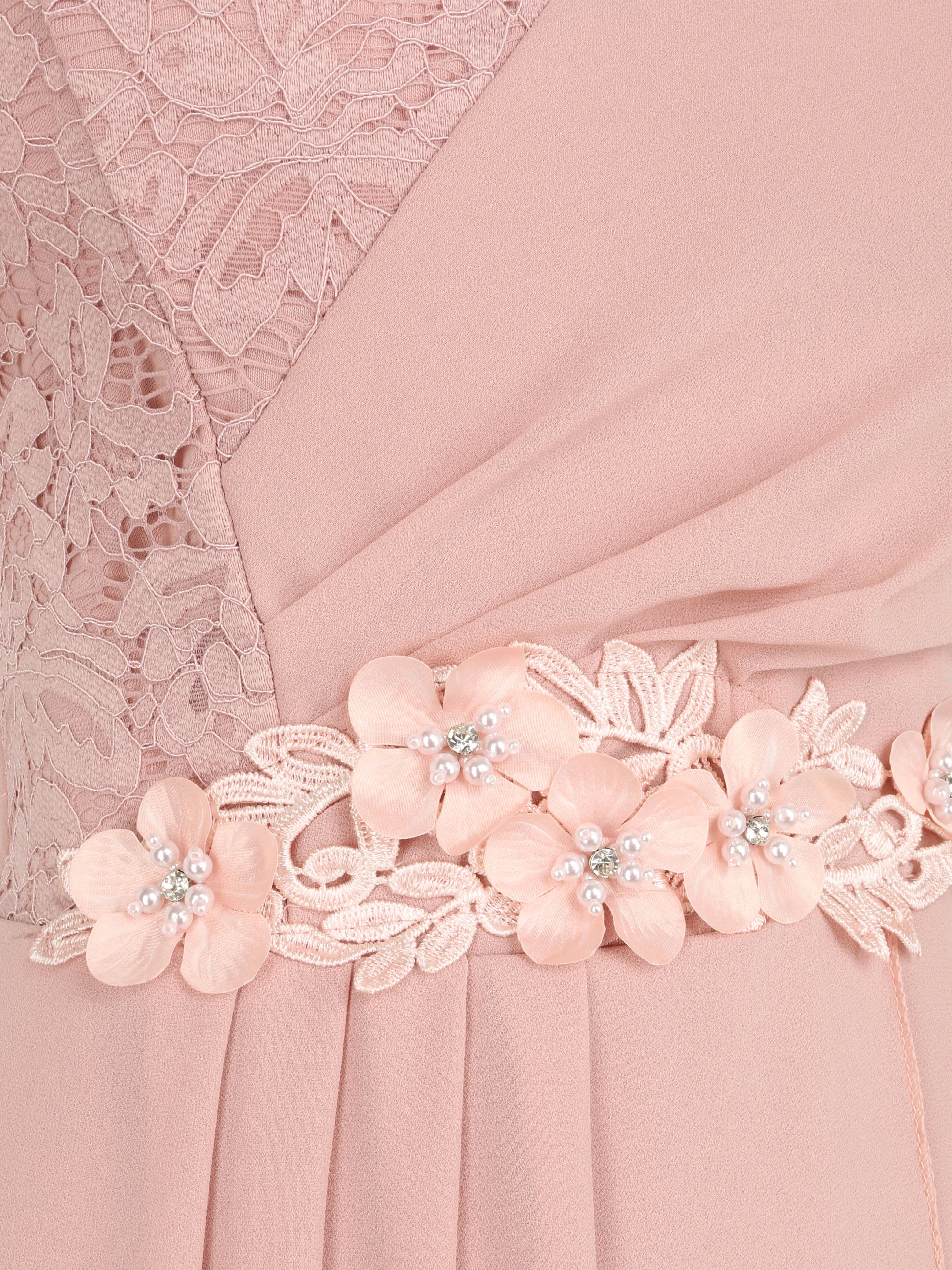 Robe à manches volantées et détail fleurs et strass - Rose poudré - Image 3