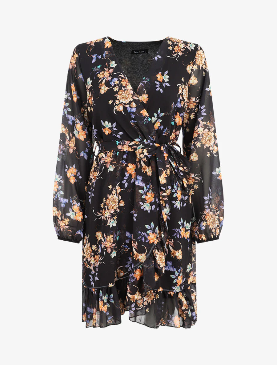 Robe à volants imprimé bouquet automnal - Noir