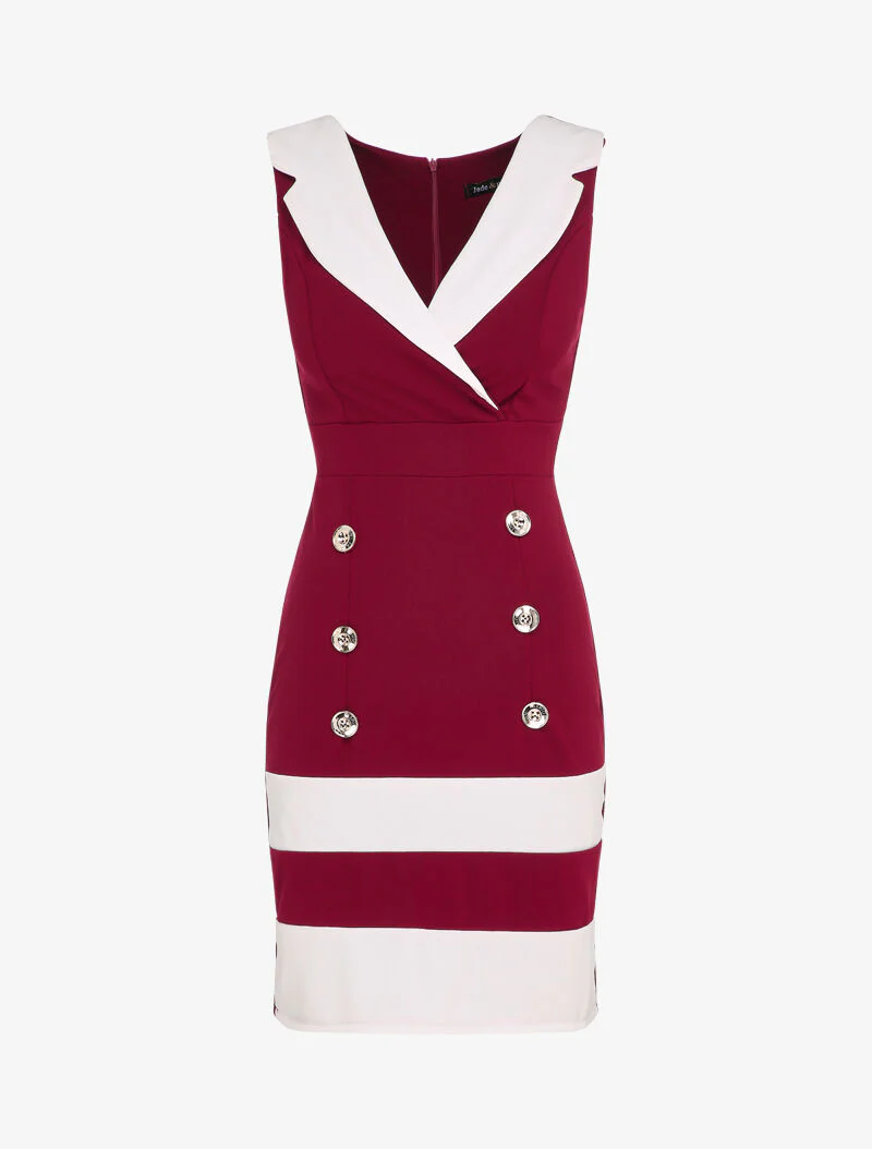 Robe ajustée à col tailleur et boutons décoratifs - Bordeaux