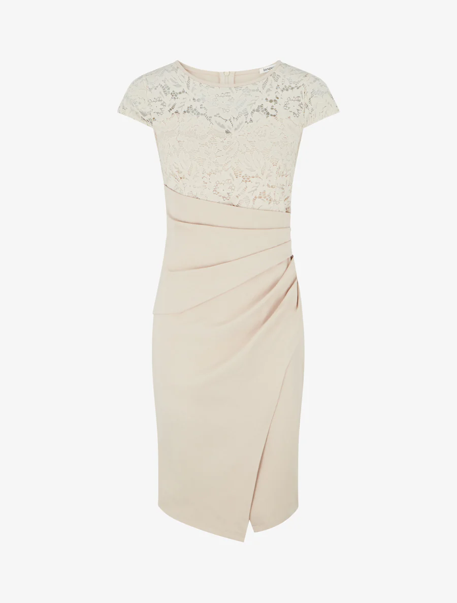 Robe ajustée à dentelle et drapé - Beige