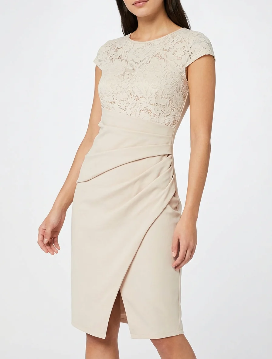 Robe ajustée à dentelle et drapé - Beige - Image 4