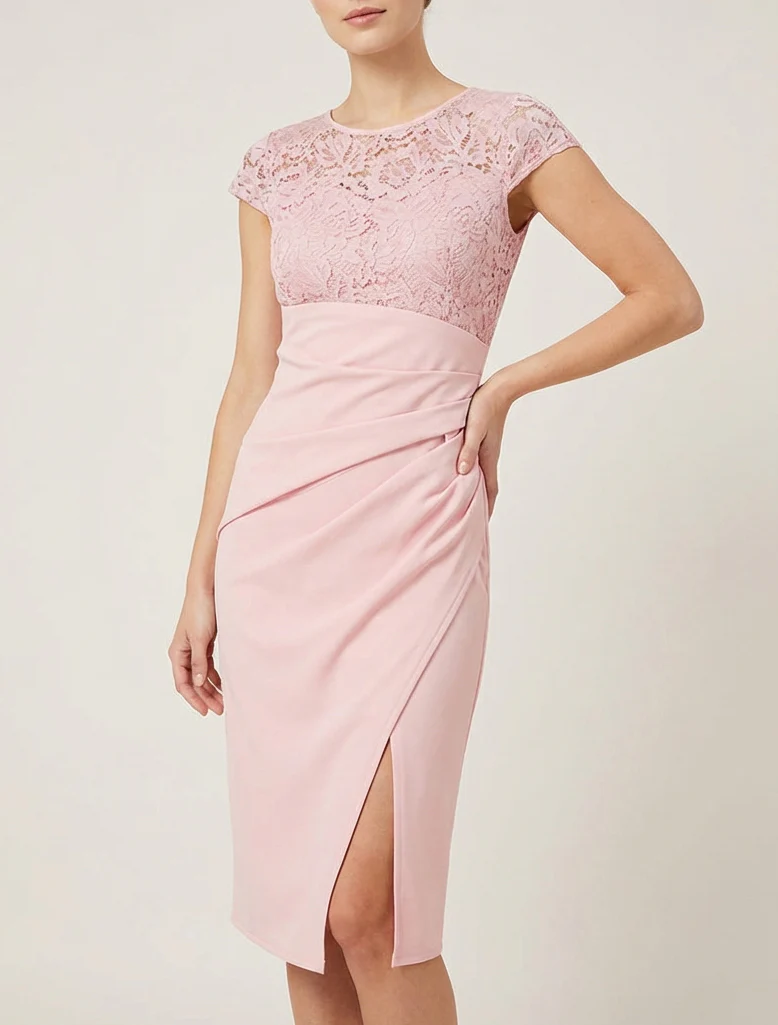 Robe ajustée à dentelle et drapé - Rose - Image 4