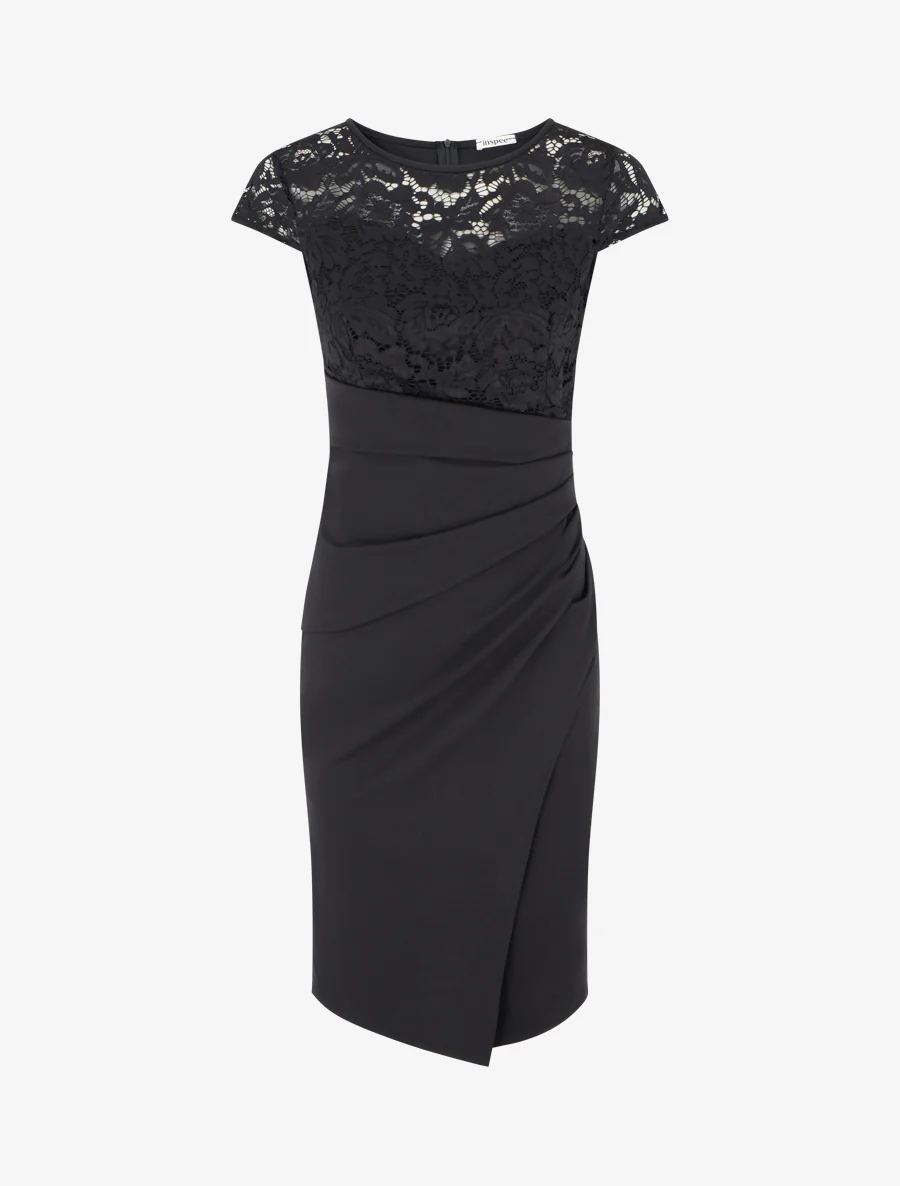 Robe ajustée à dentelle et drapé - Noir